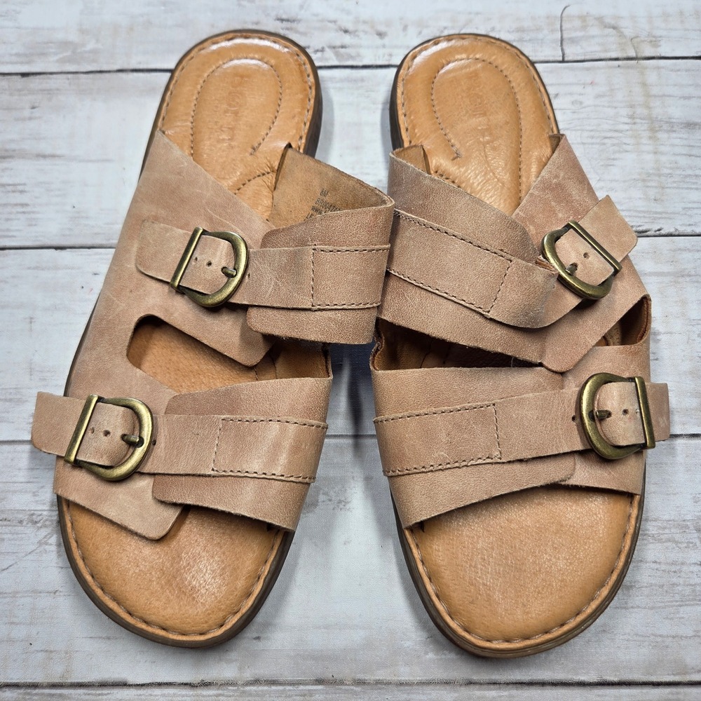 Born Henna Slide Sandals Distressed Buckle‎ Leather Women 8 Tan Casual BR0047462